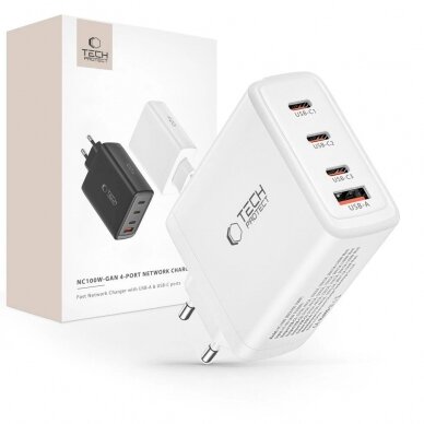 Tech-Protect NC100W-GAN Įkroviklis GaN 3x USB-C PD 100W / USB-A QC 3.0 - baltas Tech-Protect NC100W-GAN Įkroviklis GaN 3x USB-C PD 100W / USB-A QC 3.0 - baltas