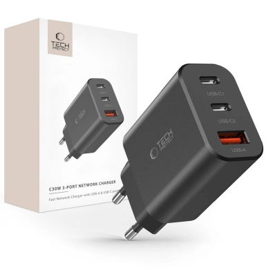 Tech-Protect NC30W network Įkroviklis 2x USB-C PD 30W / USB-A QC 3.0 - Juodas Tech-Protect NC30W network Įkroviklis 2x USB-C PD 30W / USB-A QC 3.0 - Juodas