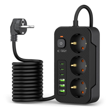 Tech-Protect PC3X6 Maitinimo juosta 3 lizdai 240V + 3xUSB-A + 3xUSB-C, 200 cm – juodas 1