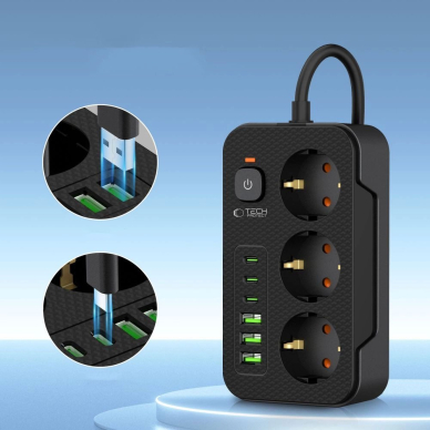 Tech-Protect PC3X6 Maitinimo juosta 3 lizdai 240V + 3xUSB-A + 3xUSB-C, 200 cm – juodas 2