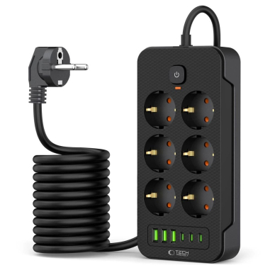 Tech-Protect PC6X6 Maitinimo juosta 6 lizdai 240V + 3xUSB-A + 3xUSB-C, 200 cm – juodas 1