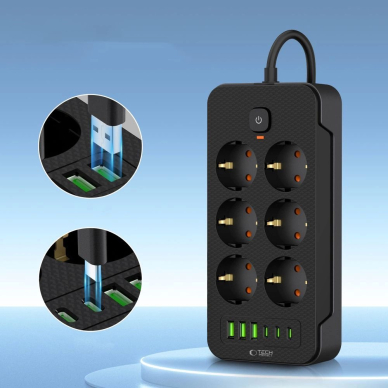 Tech-Protect PC6X6 Maitinimo juosta 6 lizdai 240V + 3xUSB-A + 3xUSB-C, 200 cm – juodas 2