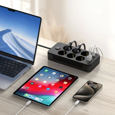 Tech-Protect PC6X6 Maitinimo juosta 6 lizdai 240V + 3xUSB-A + 3xUSB-C, 200 cm – juodas 5