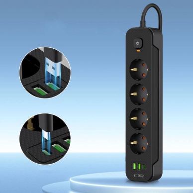 Tech-Protect PCL4X3 Maitinimo juosta 4 lizdai 240V + 2xUSB-A + 1xUSB-C, 200 cm – juodas 2