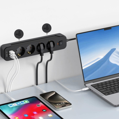 Tech-Protect PCL4X3 Maitinimo juosta 4 lizdai 240V + 2xUSB-A + 1xUSB-C, 200 cm – juodas 4