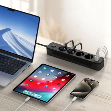 Tech-Protect PCL4X3 Maitinimo juosta 4 lizdai 240V + 2xUSB-A + 1xUSB-C, 200 cm – juodas 5