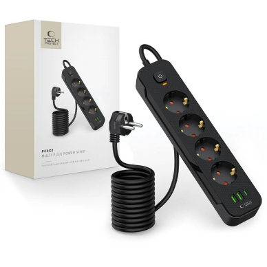Tech-Protect PCL4X3 Maitinimo juosta 4 lizdai 240V + 2xUSB-A + 1xUSB-C, 200 cm – juodas