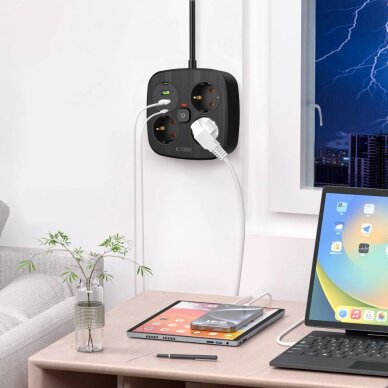 Maitinimo lizdas Tech-Protect PCS3X4 su 3 lizdais, 2x USB-A, 2x USB-C, 200 cm laidas – juodas 4
