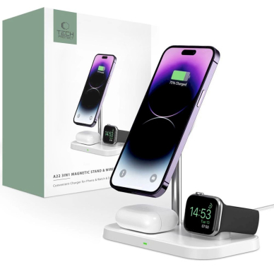 Tech-Protect QI15W-A22 inductive MagSafe Įkroviklis 3in1 MagSafe stand smartphone / Apple Watch / AirPods - baltas Tech-Protect QI15W-A22 inductive MagSafe Įkroviklis 3in1 MagSafe stand smartphone / Apple Watch / AirPods - baltas