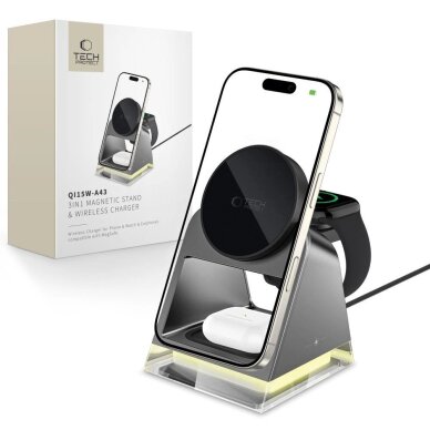 Belaidis įkroviklis Tech-Protect QI15W-A43 3in1 su MagSafe Apple įrenginiams – juodas Belaidis įkroviklis Tech-Protect QI15W-A43 3in1 su MagSafe Apple įrenginiams – juodas
