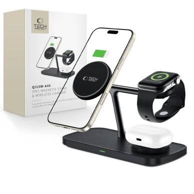 Belaidis įkroviklis Tech-Protect QI15W-A45 3in1 su MagSafe Apple įrenginiams – juodas
