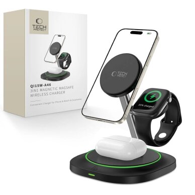 Belaidis įkroviklis Tech-Protect QI15W-A46 3in1 magnetinis indukcinis su MagSafe – juodas Belaidis įkroviklis Tech-Protect QI15W-A46 3in1 magnetinis indukcinis su MagSafe – juodas