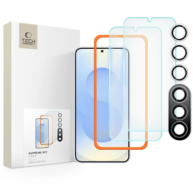 Tech-Protect Supreme rinkinys skirtas Samsung Galaxy S25+: 2x grūdinto stiklo ekranui + kameros stiklas – skaidrus