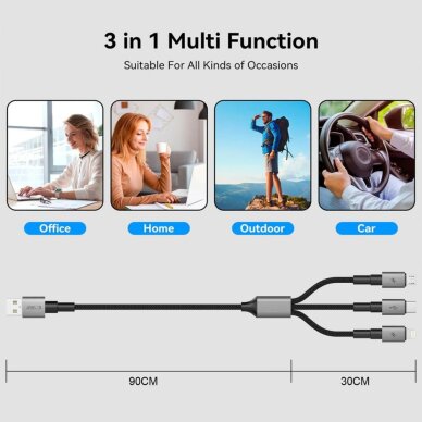 Kabelis Tech-Protect UltraBoost DNA 3in1 USB-C / Micro-USB / Lightning 120 cm – pilkas 3