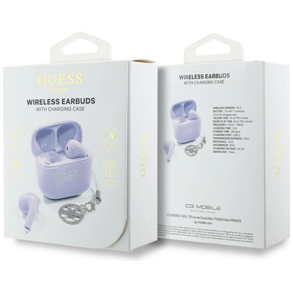 Belaidės ausinės TWS Guess Glossy Effect su spausdintu logotipu ir pakabuku – levandų spalvos 5