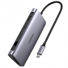Jungčių Daugintuvas Ugreen multifunctional USB 3.2 Gen. 1 HUB HDMI (4K@60Hz) VGA (Full HD@60Hz) Ethernet TF/SD kortelių skaitytuvas PD 100W USB Type C Pilkas (CM179)