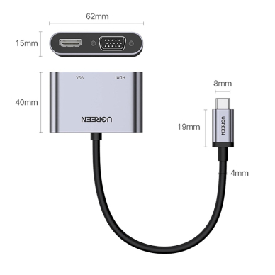 Ugreen CM162 50505 USB-C – HDMI / VGA / USB-A 3.0 / USB-C PD adapteris – pilkas 1