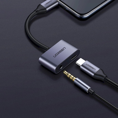 Ugreen CM193 50596 Garso adapteris dvigubas USB-C (male) – mini jack 3.5 mm / USB-C (female) – pilkas 1