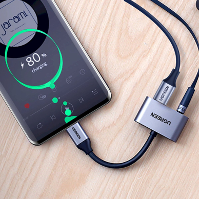 Ugreen CM193 50596 Garso adapteris dvigubas USB-C (male) – mini jack 3.5 mm / USB-C (female) – pilkas 5