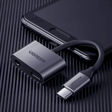Ugreen CM193 50596 Garso adapteris dvigubas USB-C (male) – mini jack 3.5 mm / USB-C (female) – pilkas 6