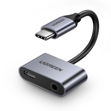 Ugreen CM193 50596 Garso adapteris dvigubas USB-C (male) – mini jack 3.5 mm / USB-C (female) – pilkas
