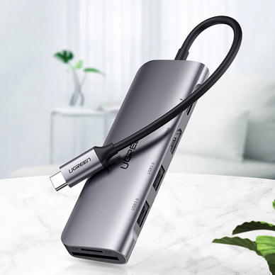 Ugreen CM195 6in1 USB-C adapteris – HDMI / 2x USB-A 3.0 / USB-C PD / SD / TF skaitytuvas – pilkas 1