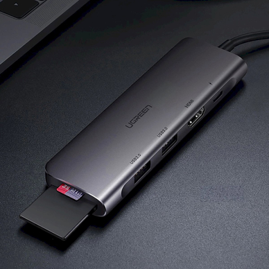 Ugreen CM195 6in1 USB-C adapteris – HDMI / 2x USB-A 3.0 / USB-C PD / SD / TF skaitytuvas – pilkas 5