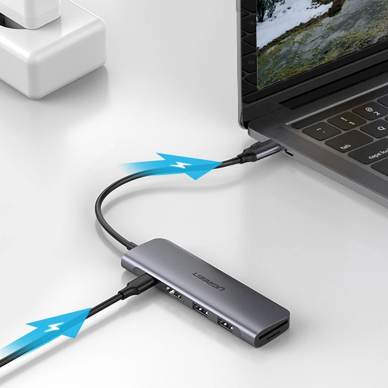 Ugreen CM195 6in1 USB-C adapteris – HDMI / 2x USB-A 3.0 / USB-C PD / SD / TF skaitytuvas – pilkas 6