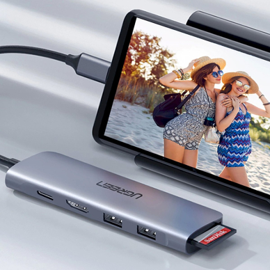 Ugreen CM195 6in1 USB-C adapteris – HDMI / 2x USB-A 3.0 / USB-C PD / SD / TF skaitytuvas – pilkas 7