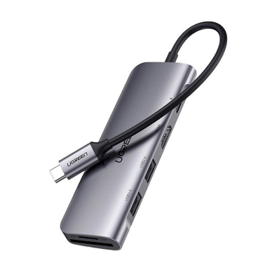 Ugreen CM195 6in1 USB-C adapteris – HDMI / 2x USB-A 3.0 / USB-C PD / SD / TF skaitytuvas – pilkas