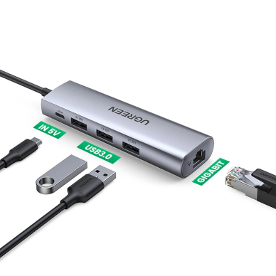 Ugreen CM266 60812 5in1 USB-A 3.0 adapteris – RJ45 / 3x USB-A 3.0 / micro USB – pilkas 1