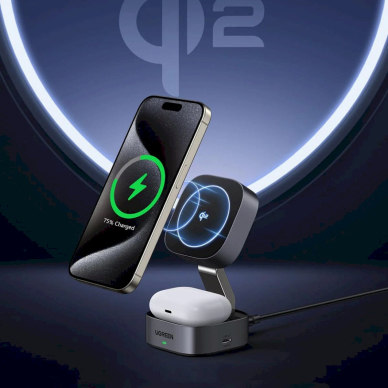 Ugreen W702 3in1 indukcinis įkroviklis su MagSafe / Qi2 ir USB-C jungtimi, skirtas telefonui / ausinėms – juodas 10