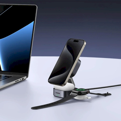 Ugreen W702 3in1 indukcinis įkroviklis su MagSafe / Qi2 ir USB-C jungtimi, skirtas telefonui / ausinėms – juodas 12