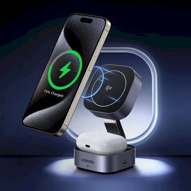 Ugreen W702 3in1 indukcinis įkroviklis su MagSafe / Qi2 ir USB-C jungtimi, skirtas telefonui / ausinėms – juodas 4