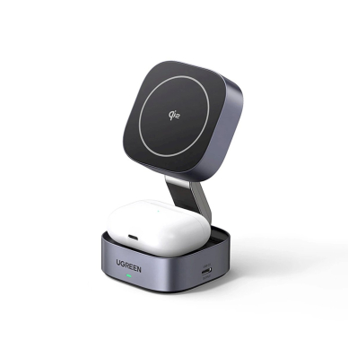 Ugreen W702 3in1 indukcinis įkroviklis su MagSafe / Qi2 ir USB-C jungtimi, skirtas telefonui / ausinėms – juodas