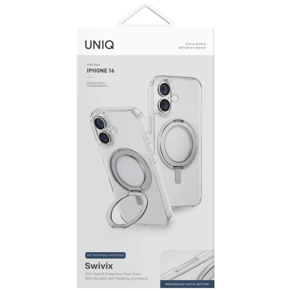 Uniq Swivix 360 Rotating su atrama Dėklas skirtas iPhone 16 - Permatomas 1 Uniq Swivix 360 Rotating su atrama Dėklas skirtas iPhone 16 - Permatomas 1