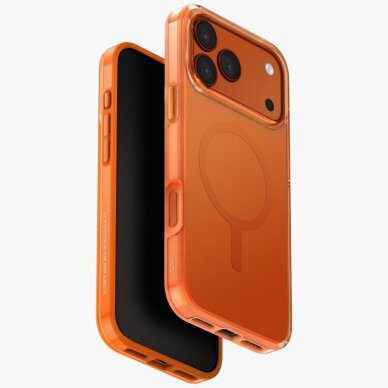 iPhone 17 Pro Max Uniq Clario Magclick įkrovimo dėklas – oranžinis iPhone 17 Pro Max Uniq Clario Magclick įkrovimo dėklas – oranžinis