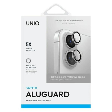 Uniq Optix Aluminum Camera Lens Protector iPhone 16 6.1 / 16 Plus 6.7 Baltas shimmer camera lens glass with applicator 1 Uniq Optix Aluminum Camera Lens Protector iPhone 16 6.1 / 16 Plus 6.7 Baltas shimmer camera lens glass with applicator 1