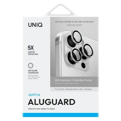iPhone 16 Pro 6.3 / 16 Pro Max 6.9 Uniq Optix aliuminio kameros apsauga – sidabrinis objektyvo stikliukas su aplikatoriumi 1