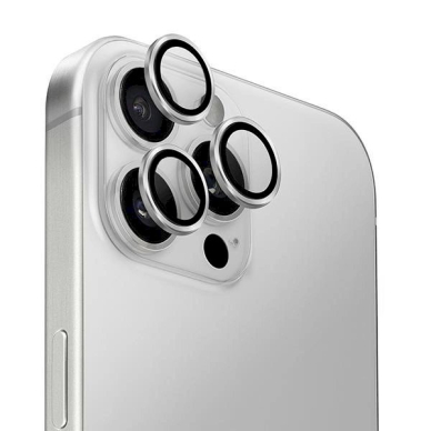iPhone 16 Pro 6.3 / 16 Pro Max 6.9 Uniq Optix aliuminio kameros apsauga – sidabrinis objektyvo stikliukas su aplikatoriumi