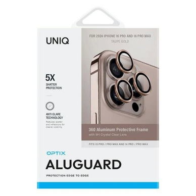 iPhone 16 Pro 6.3 / 16 Pro Max 6.9 Uniq Optix aliuminio kameros apsauga – auksinis (taupe) objektyvo stikliukas su aplikatoriumi 1