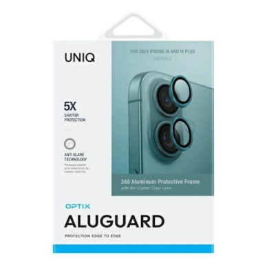iPhone 16 / iPhone 16 Plus Uniq Optix aliuminio kameros apsauga su aplikatoriumi – žalia 1