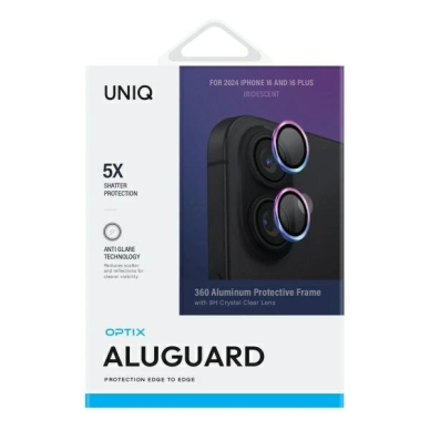 iPhone 16 / iPhone 16 Plus Uniq Optix aliuminio kameros apsauga su aplikatoriumi – vaivorykštinė 1