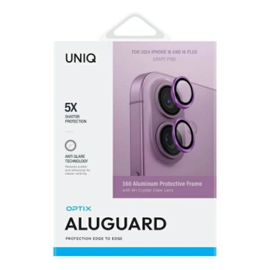 iPhone 16 / iPhone 16 Plus Uniq Optix aliuminio kameros apsauga su aplikatoriumi – rožinė 1