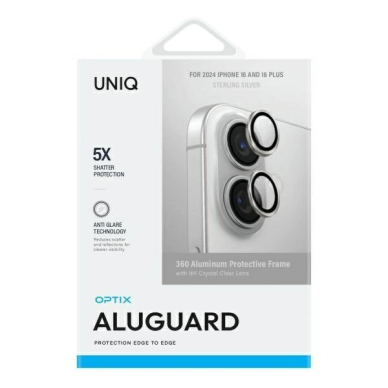 iPhone 16 / iPhone 16 Plus Uniq Optix aliuminio kameros apsauga su aplikatoriumi – sidabrinė 1