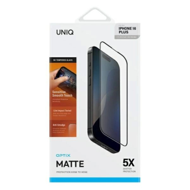 iPhone 16 Plus Uniq Optix matinis grūdintas stiklas su aplikatoriumi 1