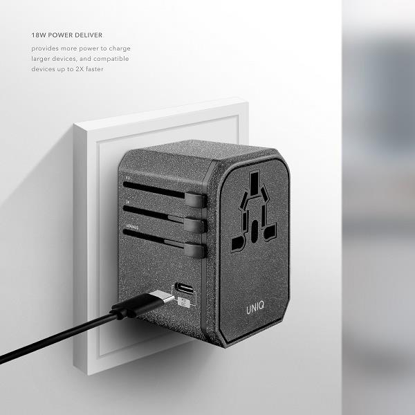 Uniq Load. network. Voyage World Adapter 33W + 2xUSB + PD 18W + QC 3.0 grey/charcoal Pilkas (LITHOS Collective) 4 Uniq Load. network. Voyage World Adapter 33W + 2xUSB + PD 18W + QC 3.0 grey/charcoal Pilkas (LITHOS Collective) 4