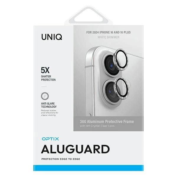 Uniq Optix Aluminum Camera Lens Protector iPhone 16 6.1 / 16 Plus 6.7 Baltas shimmer camera lens glass with applicator 1