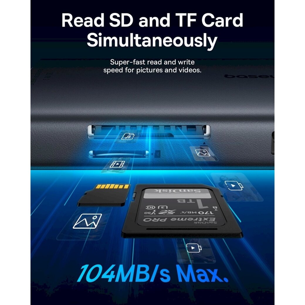 USB HUB 11in1 Baseus Metal Gleam Series II USB-A/USB-C PD/HDMI/DP/RJ45/SD/TF - Juodas 7