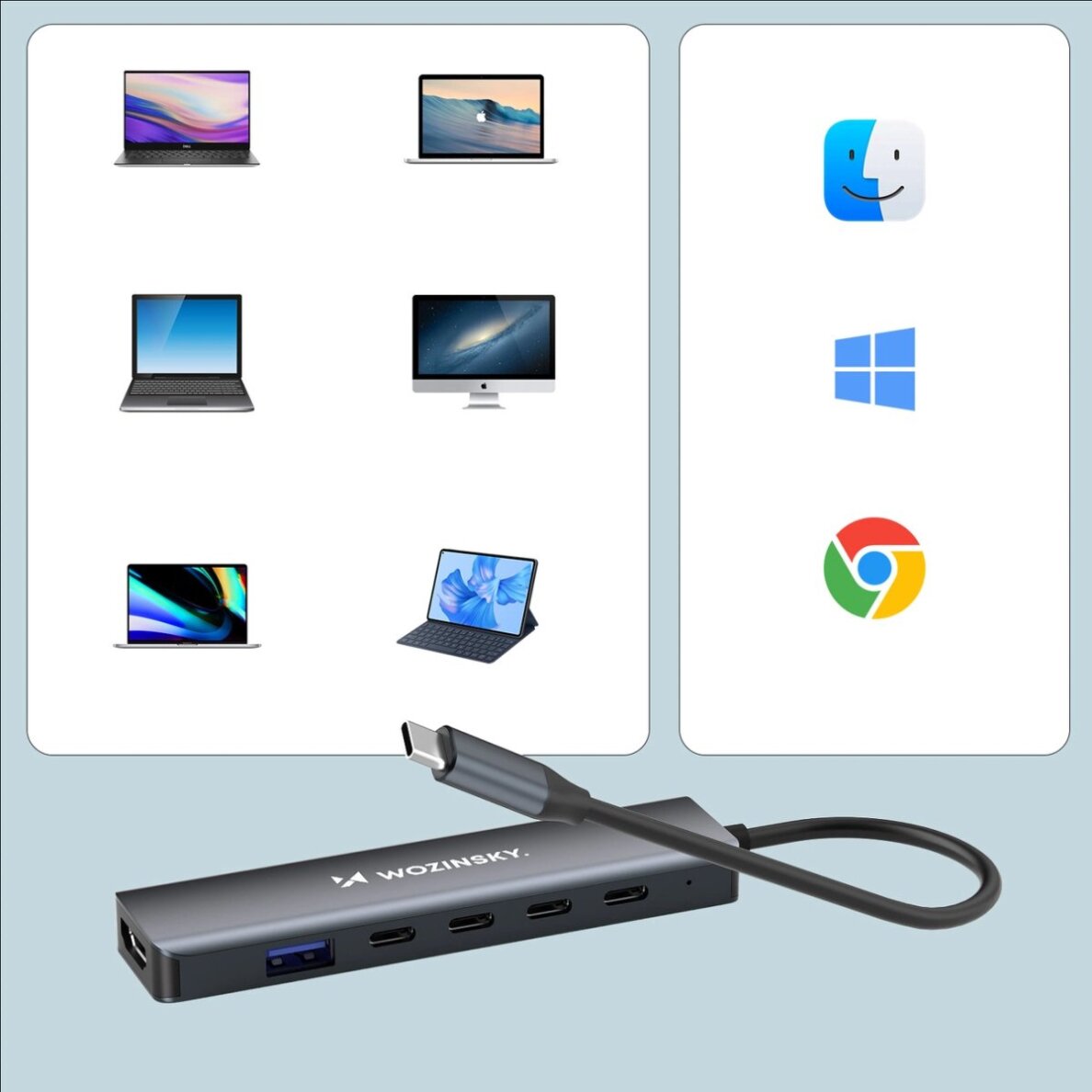 USB-C HUB Wozinsky WHBC10Y4S 6in1 daugiafunkcis, aliuminis, 25 cm laidas – pilkas 5